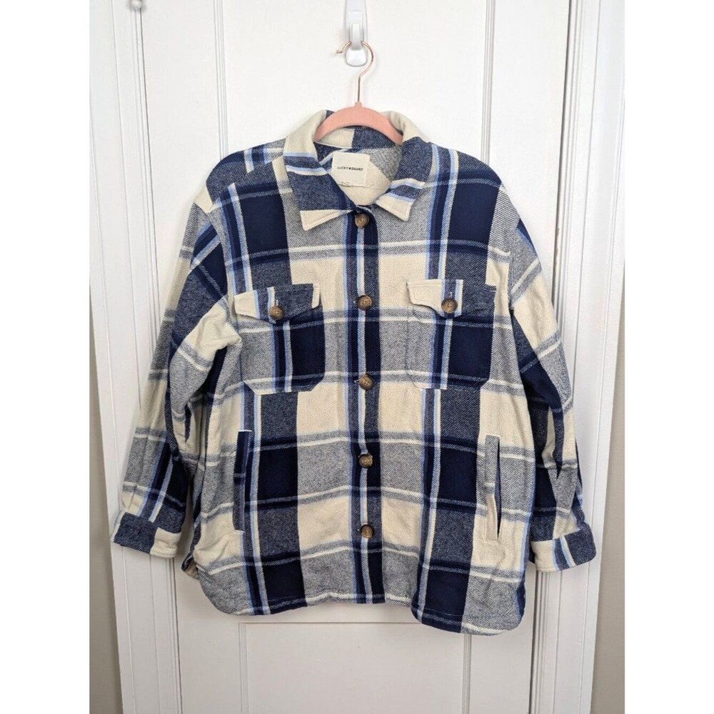 Lucky Brand | Navy Blue Cream Plaid Flannel Shacket Button Front Size Medium